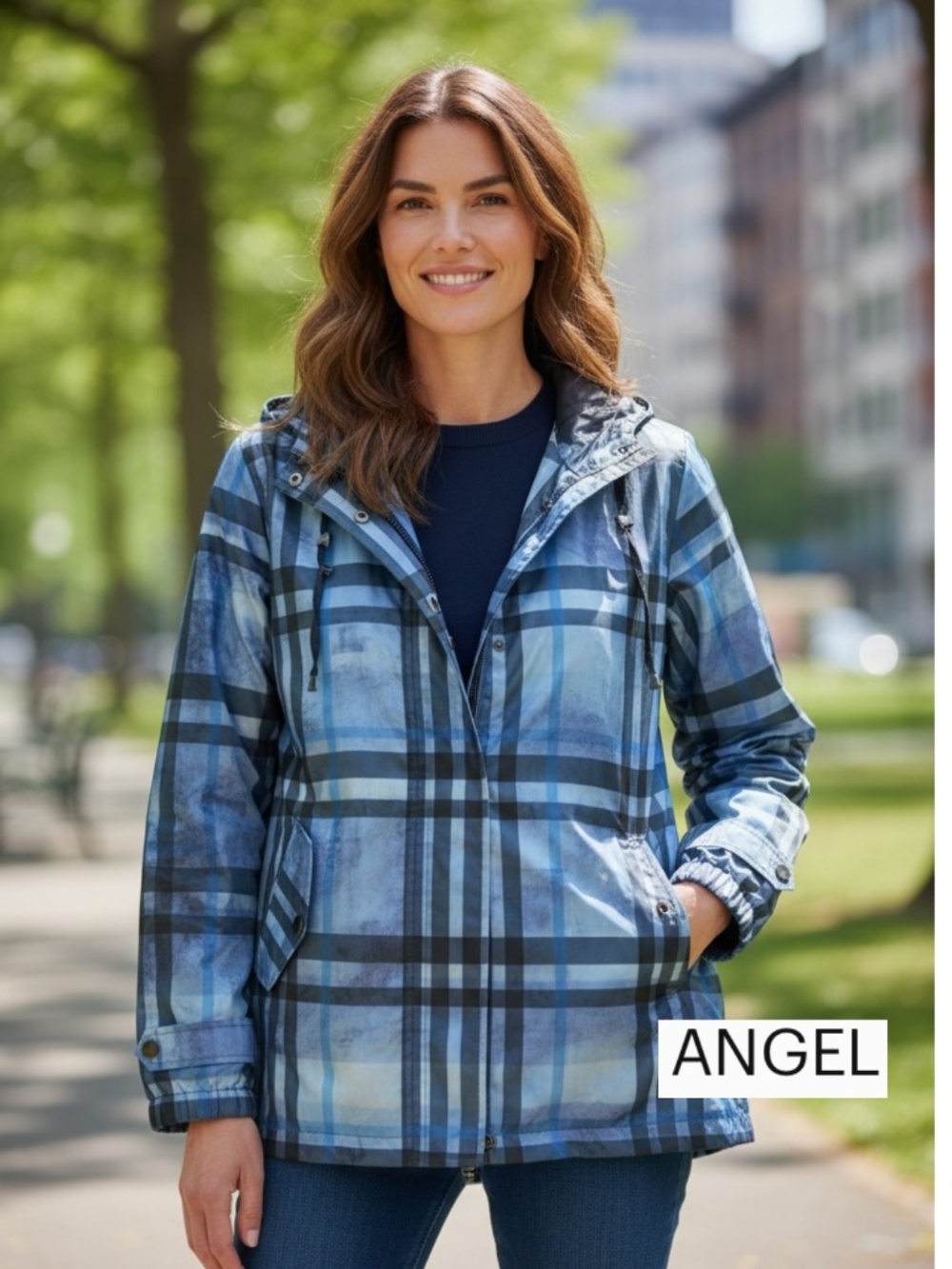 ANGEL brand blue plaid rain/wind jacket, S CB 2184